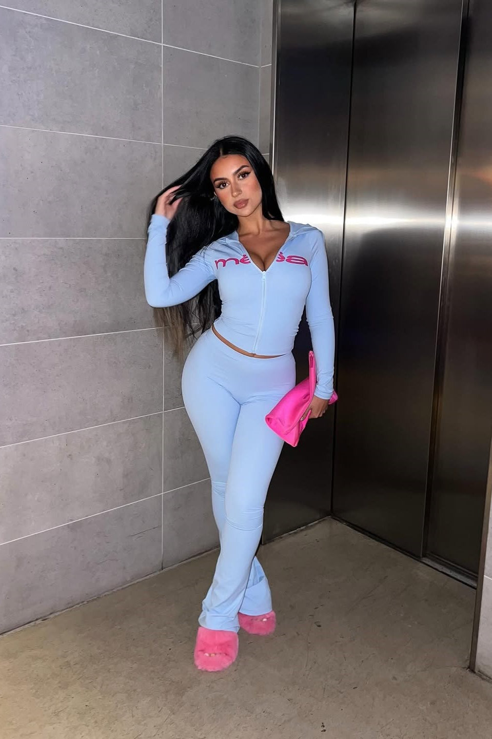 Letter Print Crop Hoodie & Skinny Pants Two Piece Set