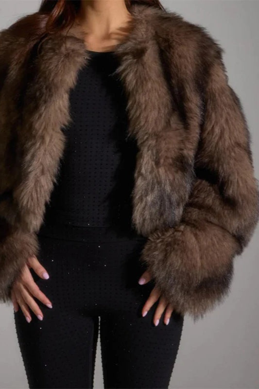 Brown Fluffy Faux Fur Coat - Fashionpara