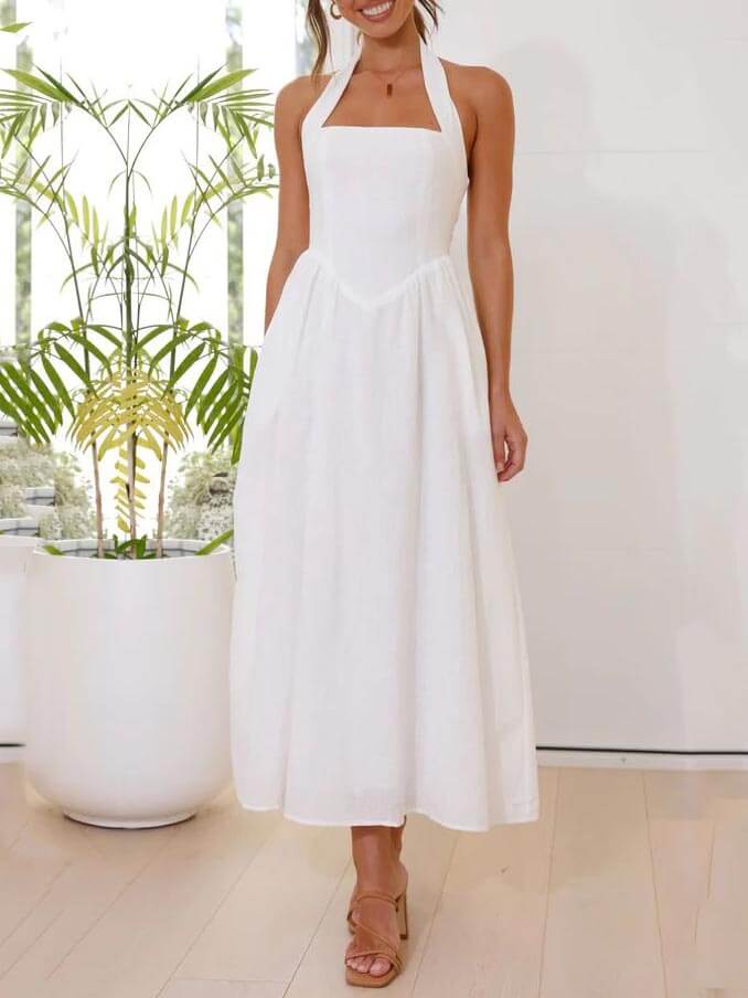 Halter Neck Waist Little Black Dress Mid Length Dress - Fashionpara