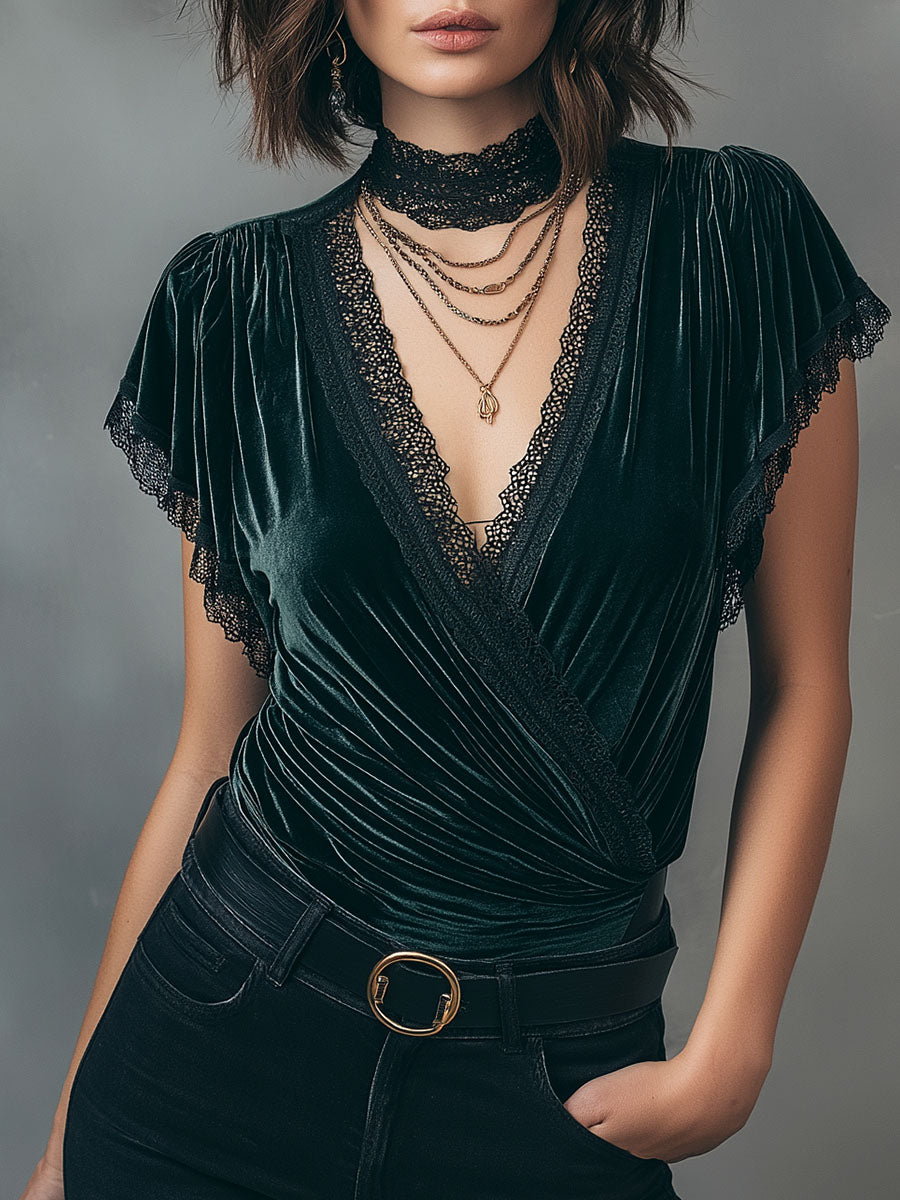 Vintage V-Neck Velvet Wrap Blouse With Lace Trim - Fashionpara