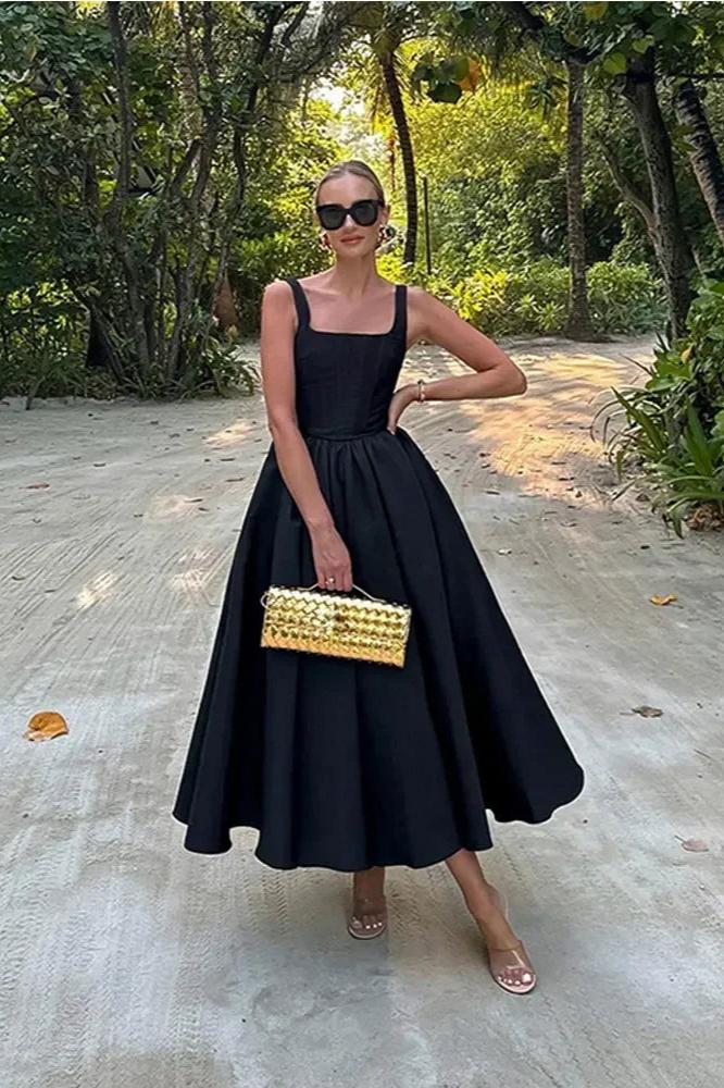 Square Neck Corset Bodice Pleated A-Line Midi Dress