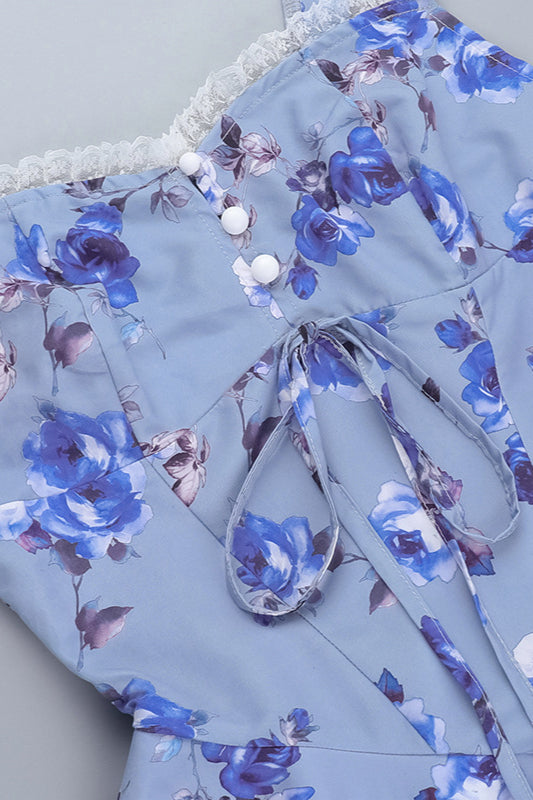 Floral A-line Cutout V-neck Spaghetti Strap Party Dress