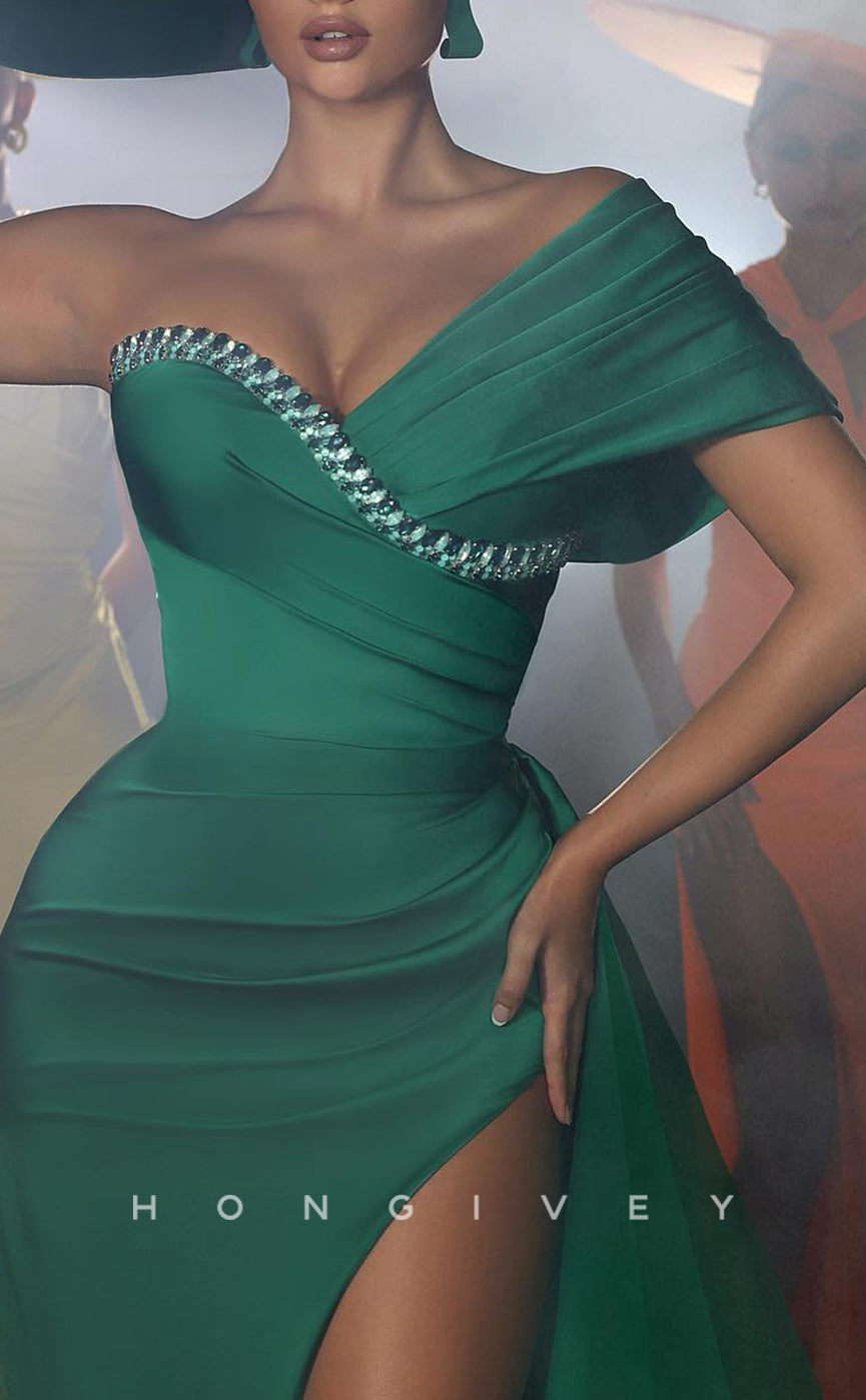 L2807 - One Shoulder Sleeveless  Empire Pleats With Side Slit Party Prom Evening Dress - Fashionpara