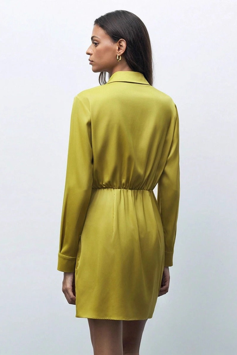 Satin Collared Long Sleeve Ruched Wrap Mini Dress 3