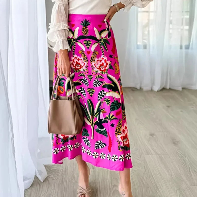 Printed A-Line Skirt Plants Flowers Zipper Spring Summer Fashion Skirt