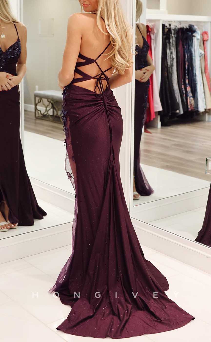 L2856 - V-Neck Spaghetti Straps Appliques Beaded With Side Slit Party Prom Evening Dress - Fashionpara
