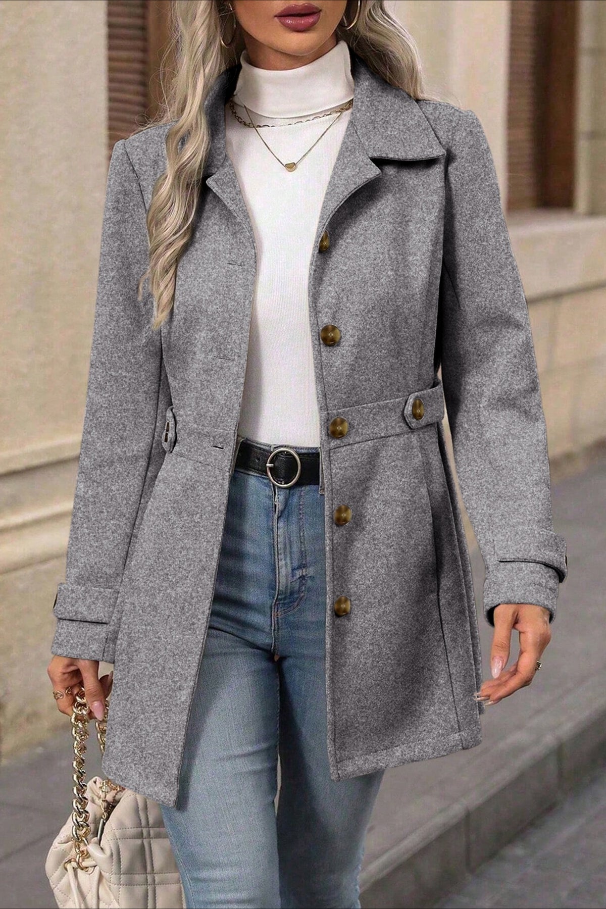 Midi Wool Blend Belted Notch Lapel Coat - Fashionpara