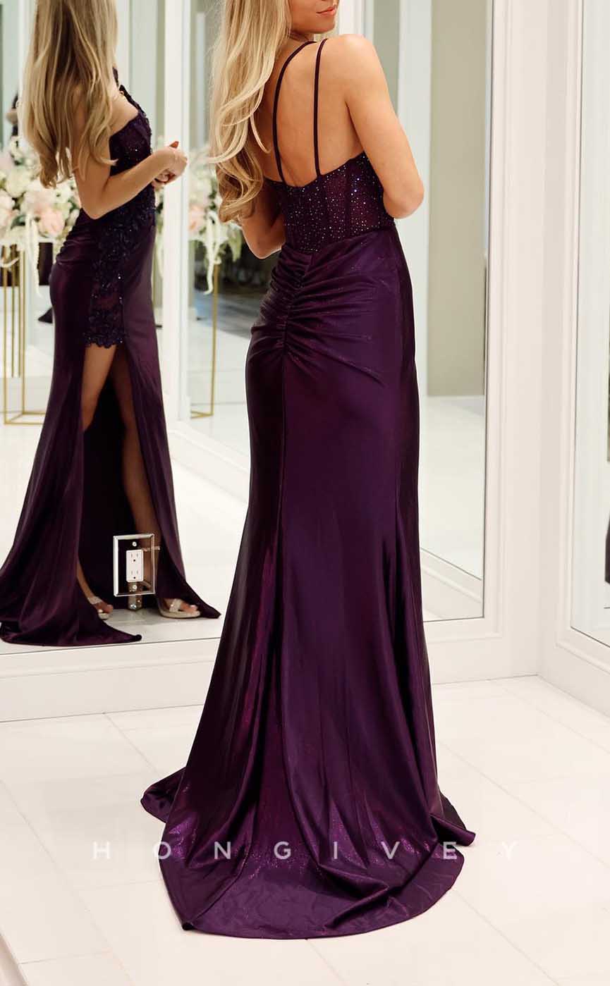 L2856 - V-Neck Spaghetti Straps Appliques Beaded With Side Slit Party Prom Evening Dress - Fashionpara