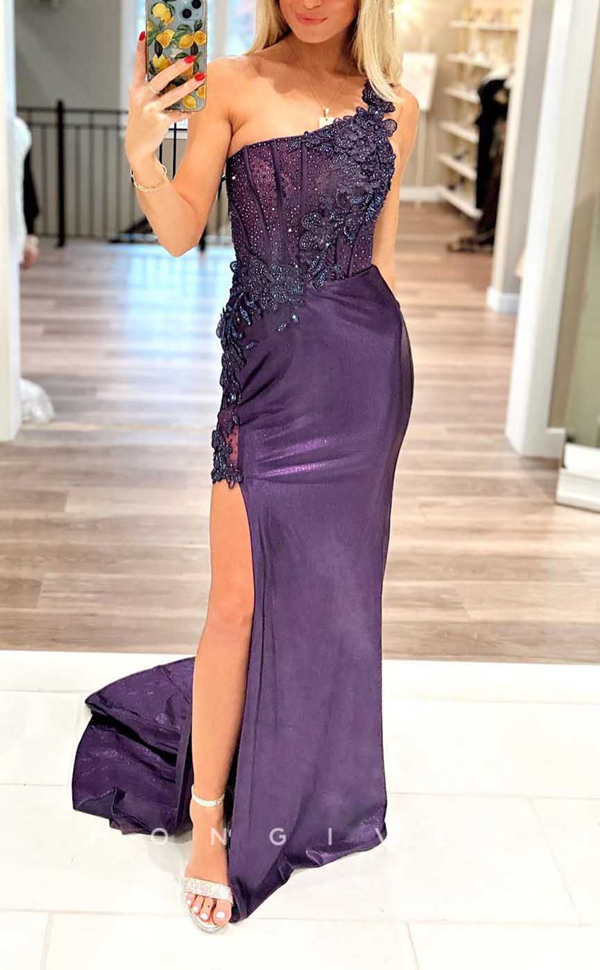 L2841 - One Shoulder Fitted Appliques Beaded With Side Slit Party Prom Evening Dress - Fashionpara