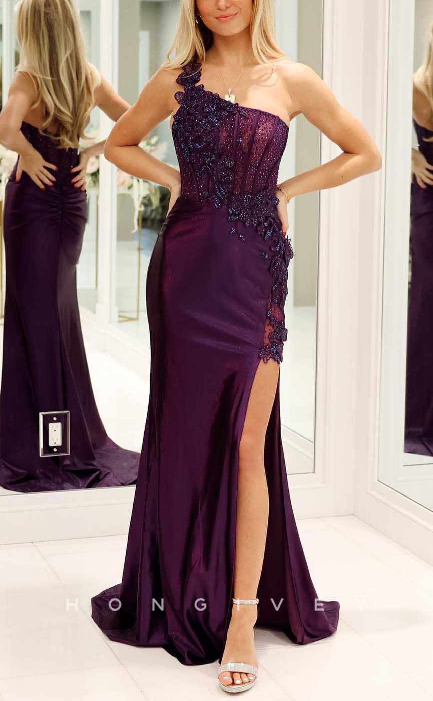L2841 - One Shoulder Fitted Appliques Beaded With Side Slit Party Prom Evening Dress - Fashionpara