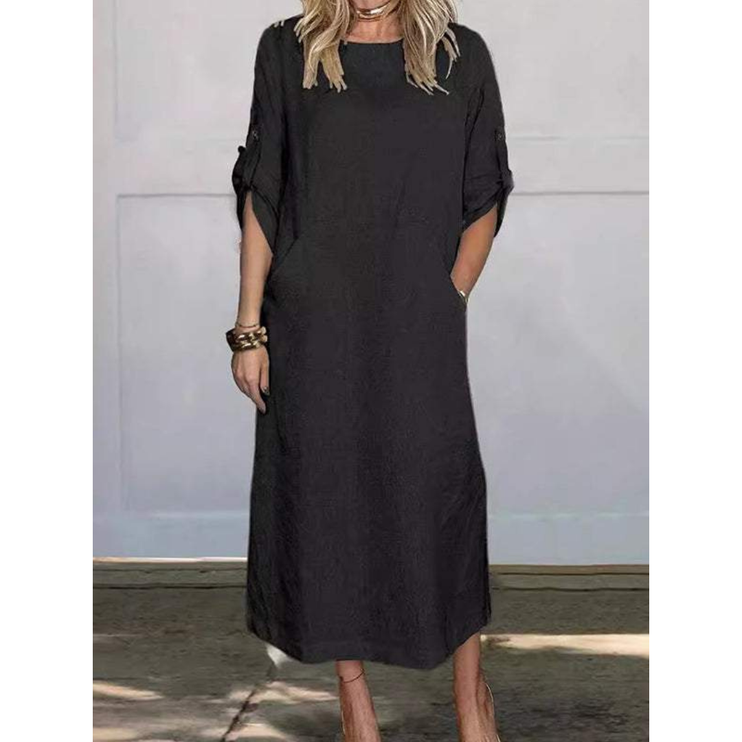 Round Neck Roll Tab Sleeve Pocket Side Slit Shift Maxi Dress - View 4