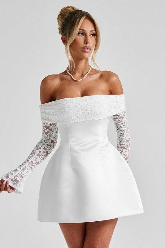 Satin Lace Off Shoulder Long Sleeve Fit and Flare Mini Dress