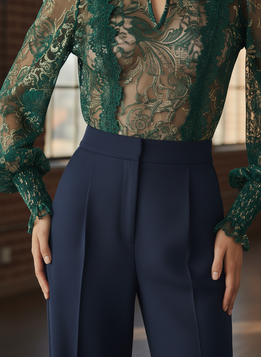 Emerald Green Gold Lace Sheer High-Neck Blouse with Keyhole Detail - Fashionpara