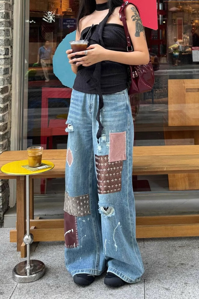 Retro Ripped Patchwork Paint-Splattered Maxi Jeans