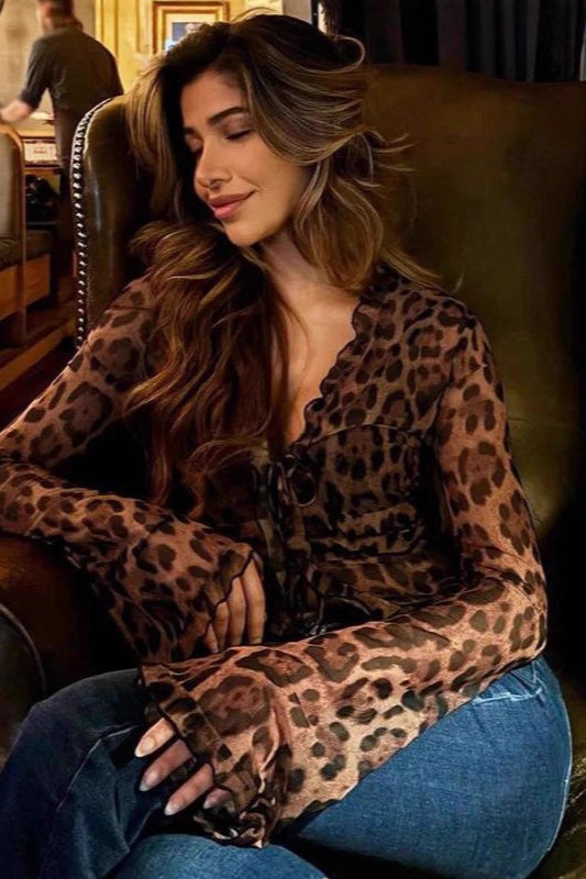 Leopard Print V Neck Tie Blouse - Fashionpara