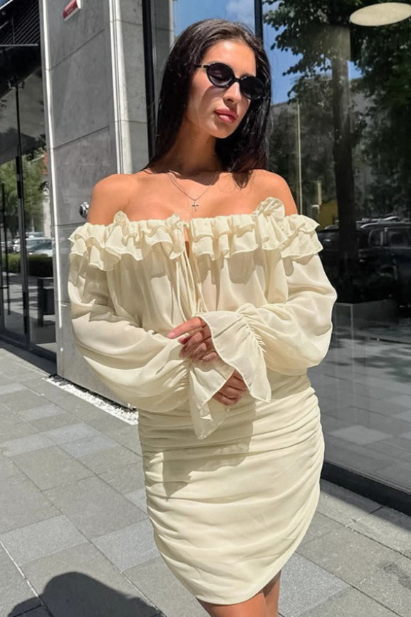 Off Shoulder Long Sleeve Ruffle Tie Front Mini Dress