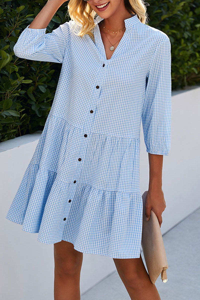 Plaid Print Button Up Split Neck Tunic Dress