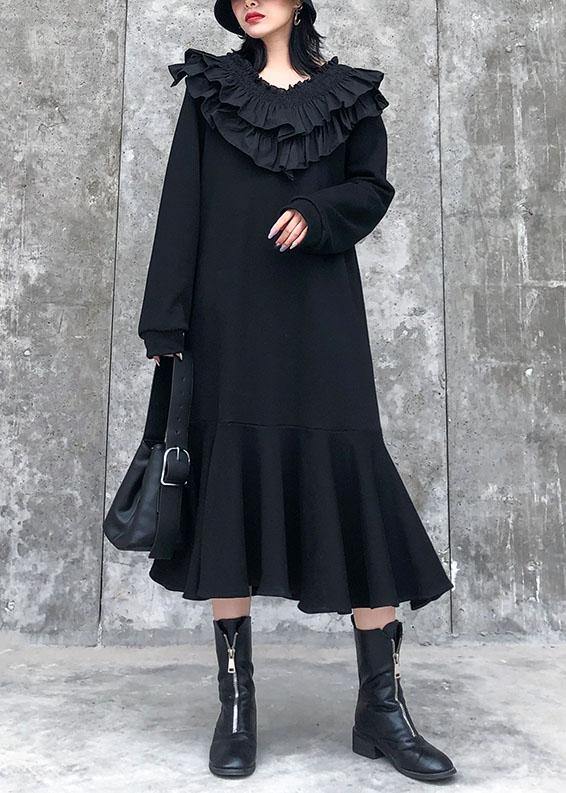 Tiered Ruffle Collar Long Sleeve Ribbed Cuff Flounce Hem Midi Dress