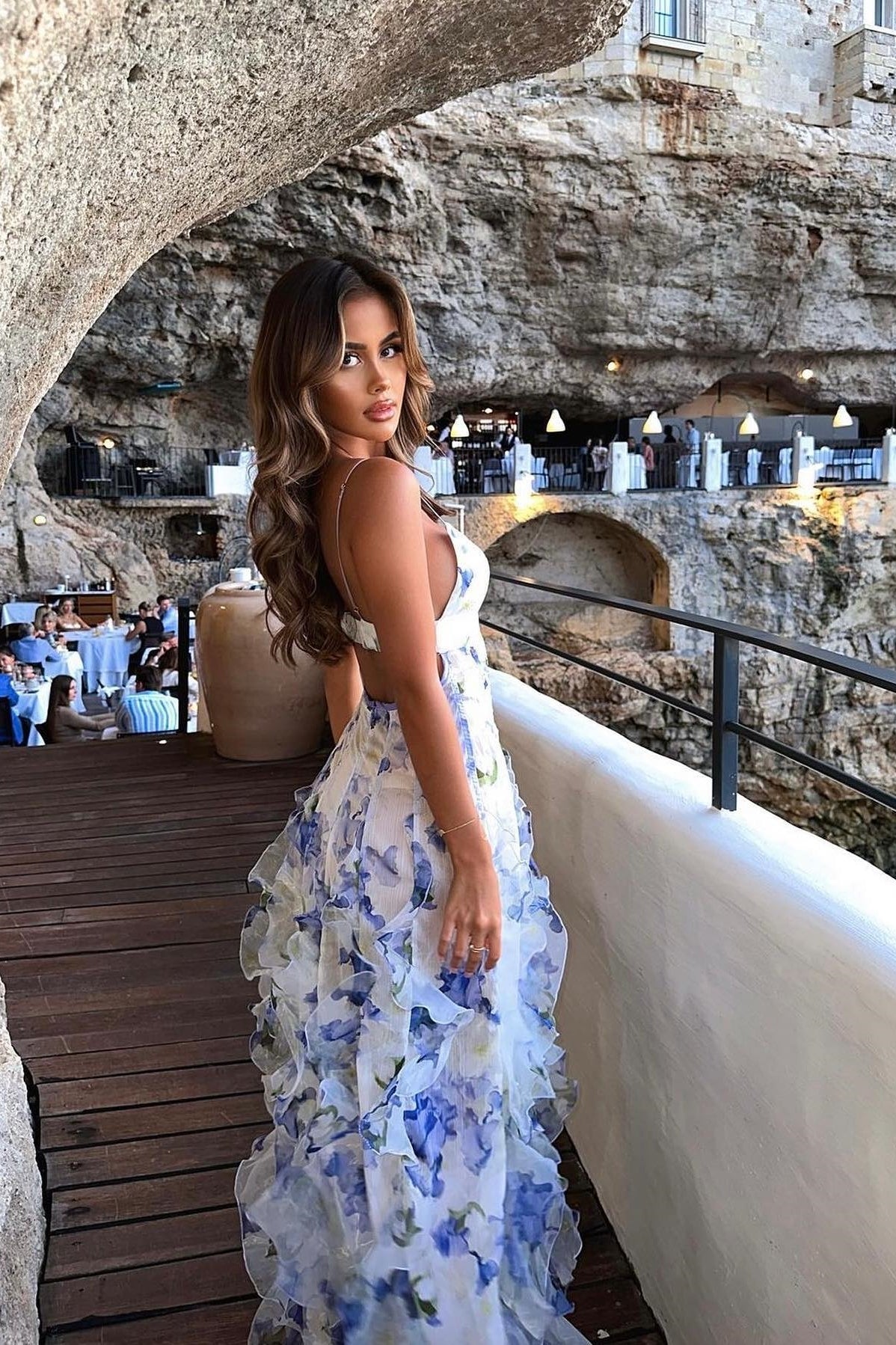 Charming A Line Spaghetti Straps Blue Floral Printed Long Party Dress - Fashionpara