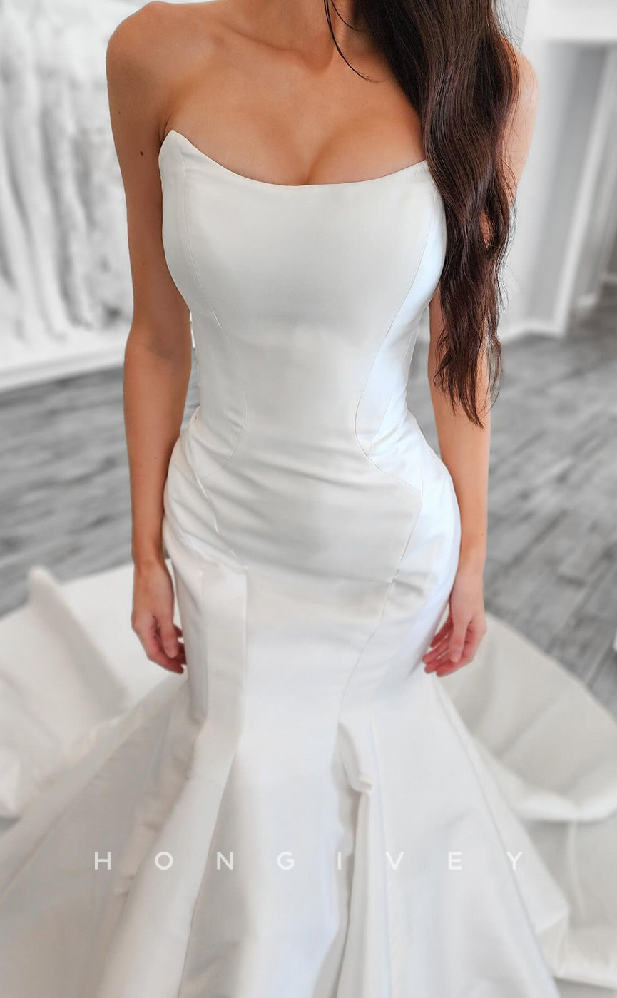 H1709 - Simple Satin Bateau Strapless Empire With Train Wedding Dress - Fashionpara
