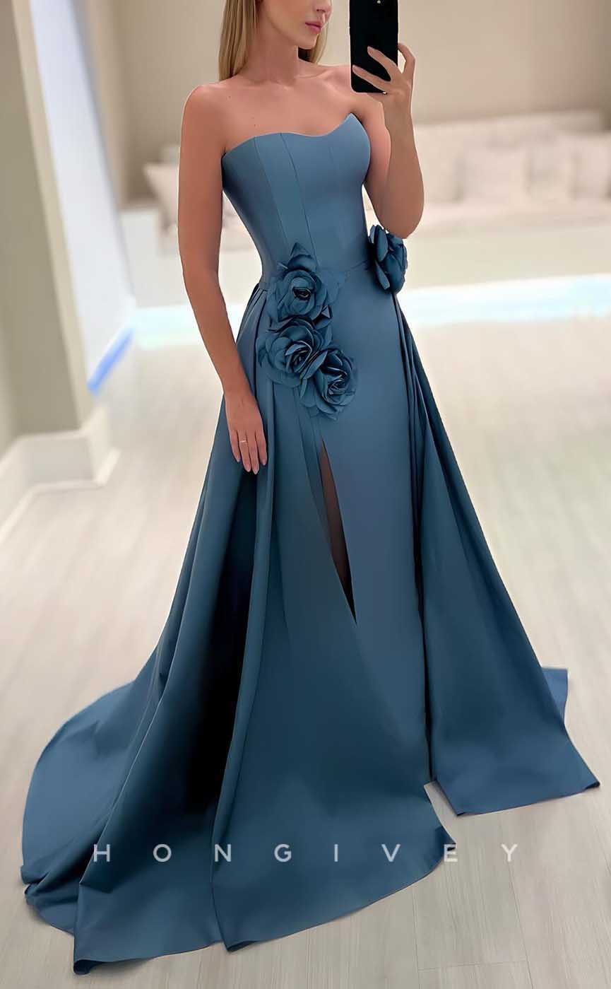 L2843 - Satin A-Line Sweetheart Floral Embossed With Slit Party Prom Evening Dress - Fashionpara