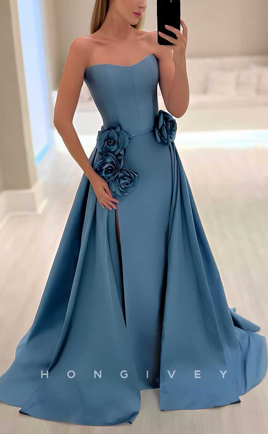 L2843 - Satin A-Line Sweetheart Floral Embossed With Slit Party Prom Evening Dress - Fashionpara