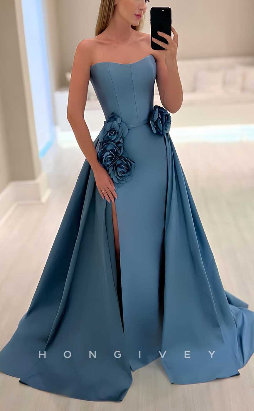 L2843 - Satin A-Line Sweetheart Floral Embossed With Slit Party Prom Evening Dress - Fashionpara
