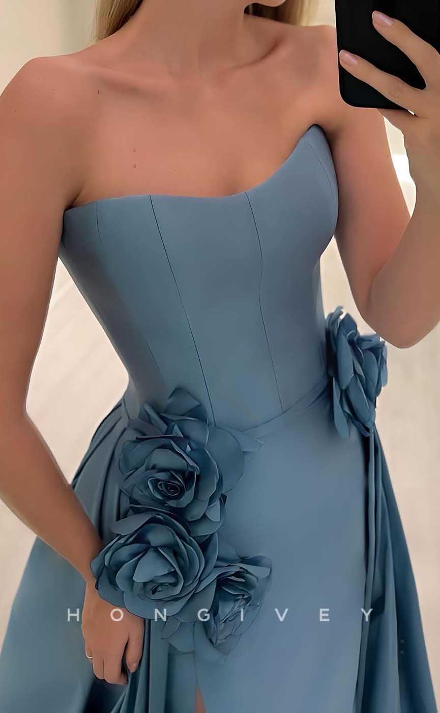 L2843 - Satin A-Line Sweetheart Floral Embossed With Slit Party Prom Evening Dress - Fashionpara