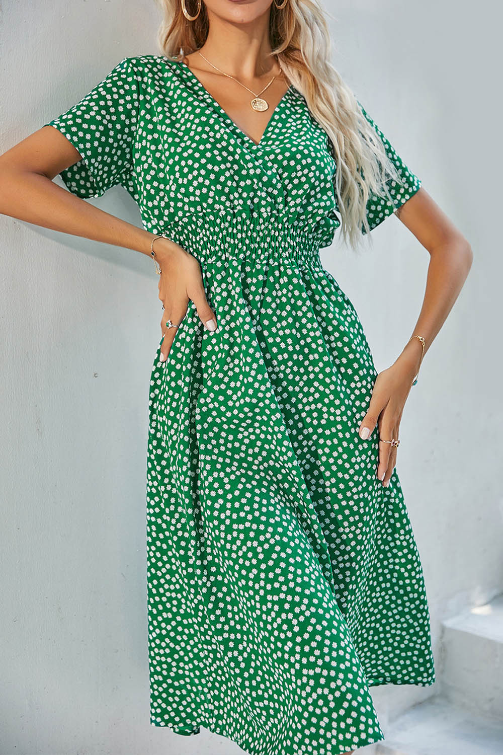 Polka Dot V Neck Short Sleeve Midi Dress - Fashionpara
