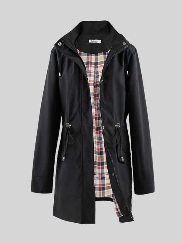 Hooded Zip Front Drawstring Waist Rain Coat