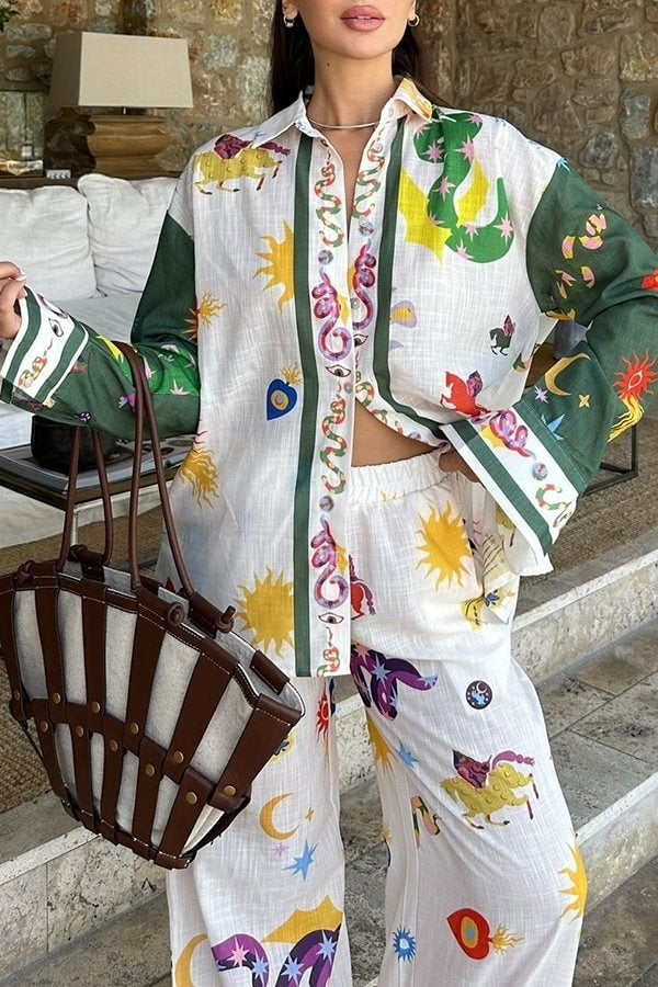 Zoie Linen Blend Unique Print Long Sleeve Loose Shirt and Elastic Waist Pocketed Pants Set - Fashionpara