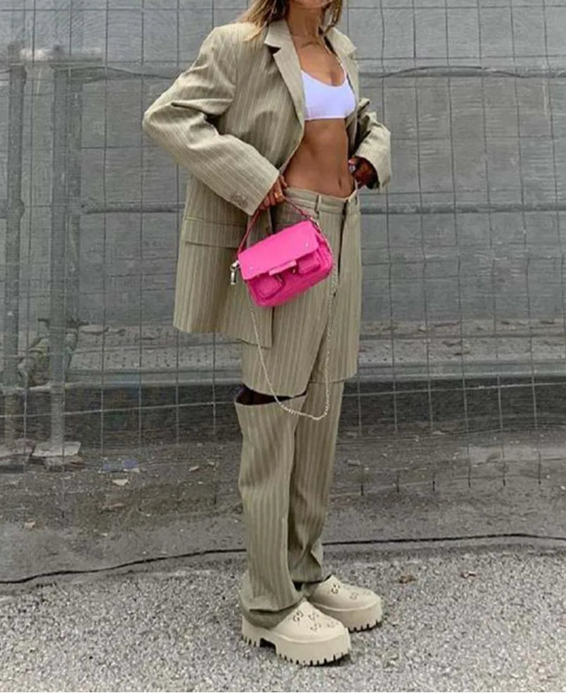 Khaki Print Hollow Out Trousers Office Two Piece Set