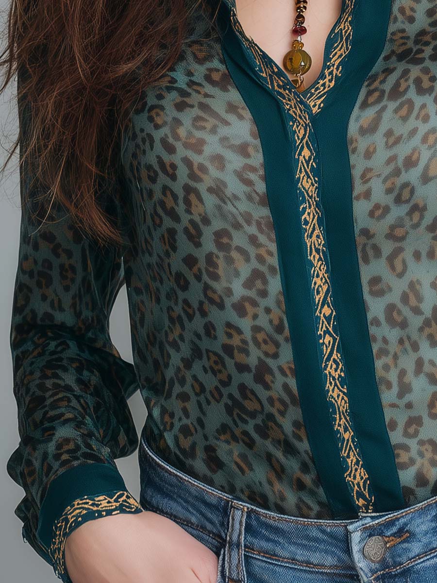 Boho Animal Print Vintage Green Chiffon Shirt - Fashionpara