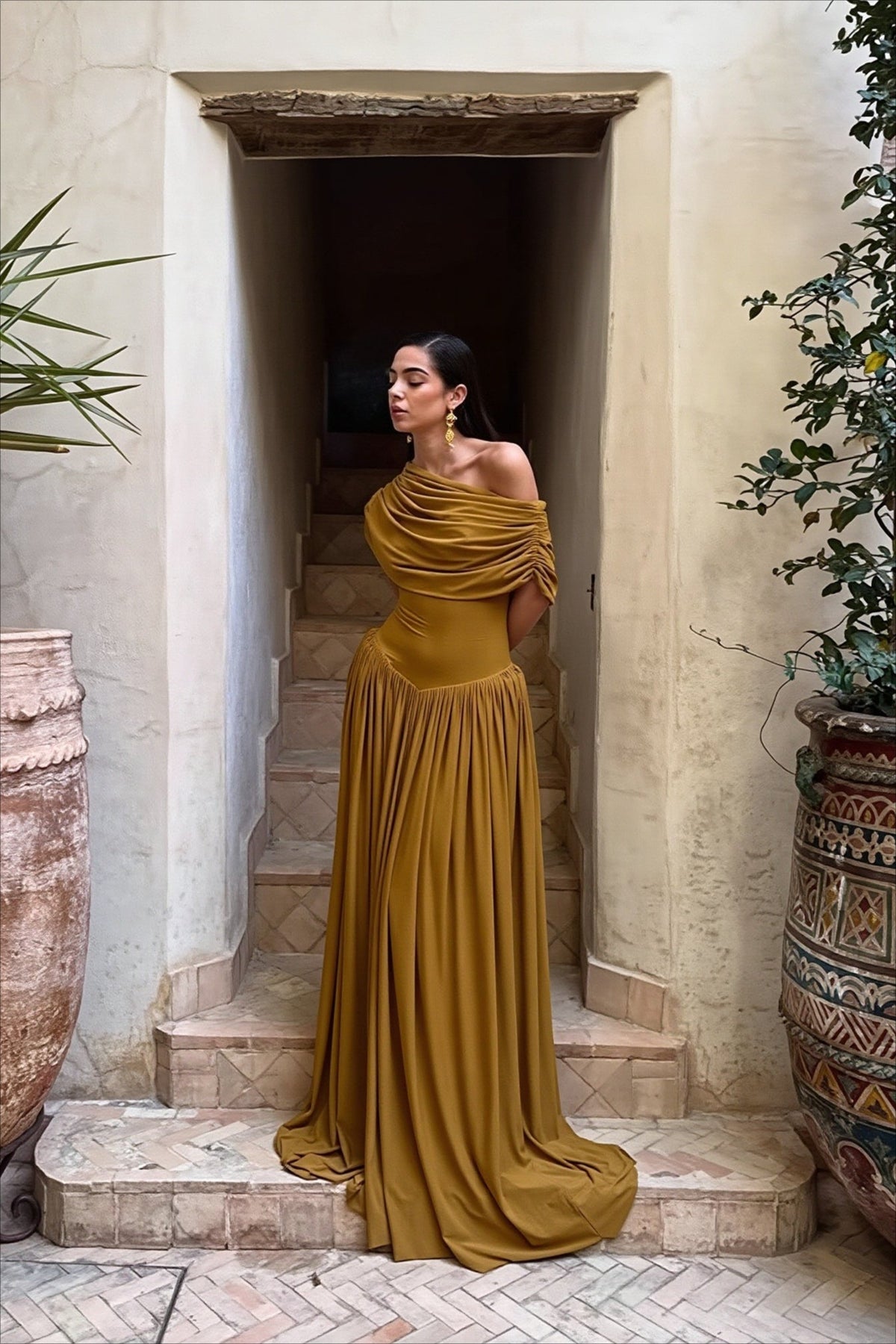 Jersey Off-Shoulder Draped Cowl Ruched Maxi Gown