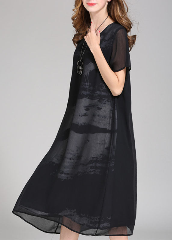 Abstract Brushstroke Print Short Sleeve Sheer Chiffon Shift Midi Dress - View 5