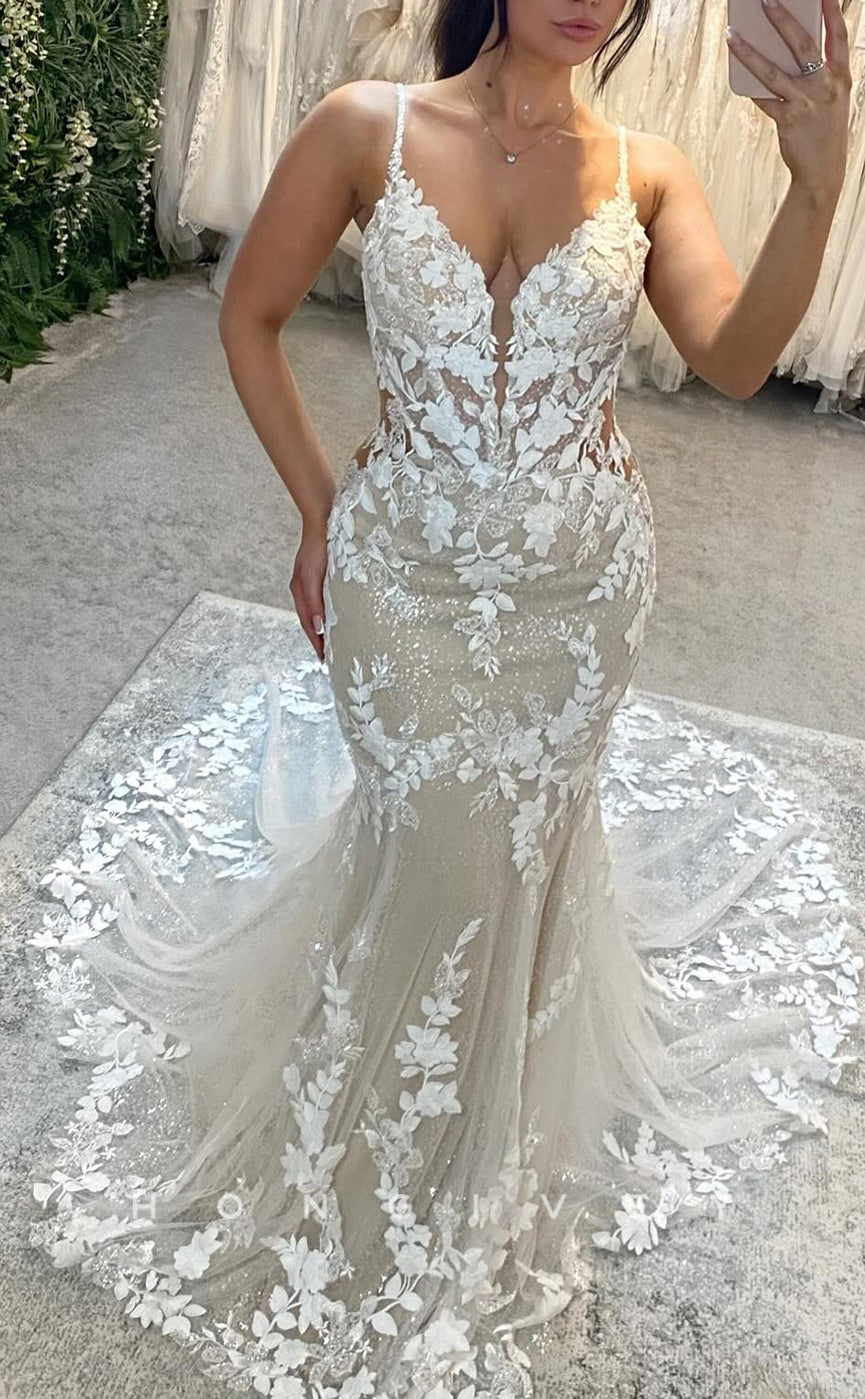 H1703 - V-Neck Spaghetti Straps Lace Applique Sheer Trumpet Wedding Dress - Fashionpara