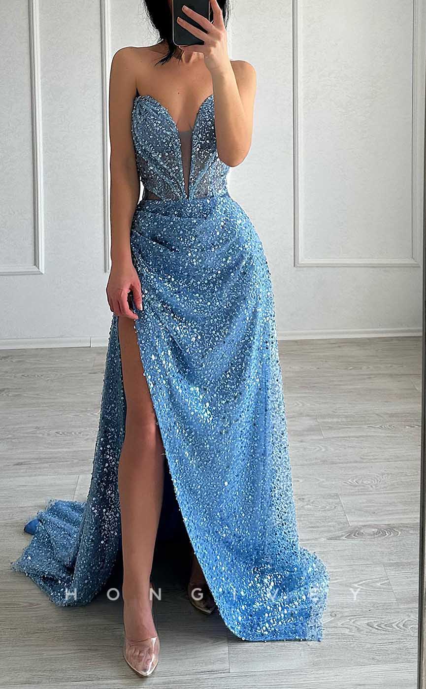 L2840 - Sparkly Strapless Ruched With Side Slit Sequined Party Prom Evening Dress - Fashionpara