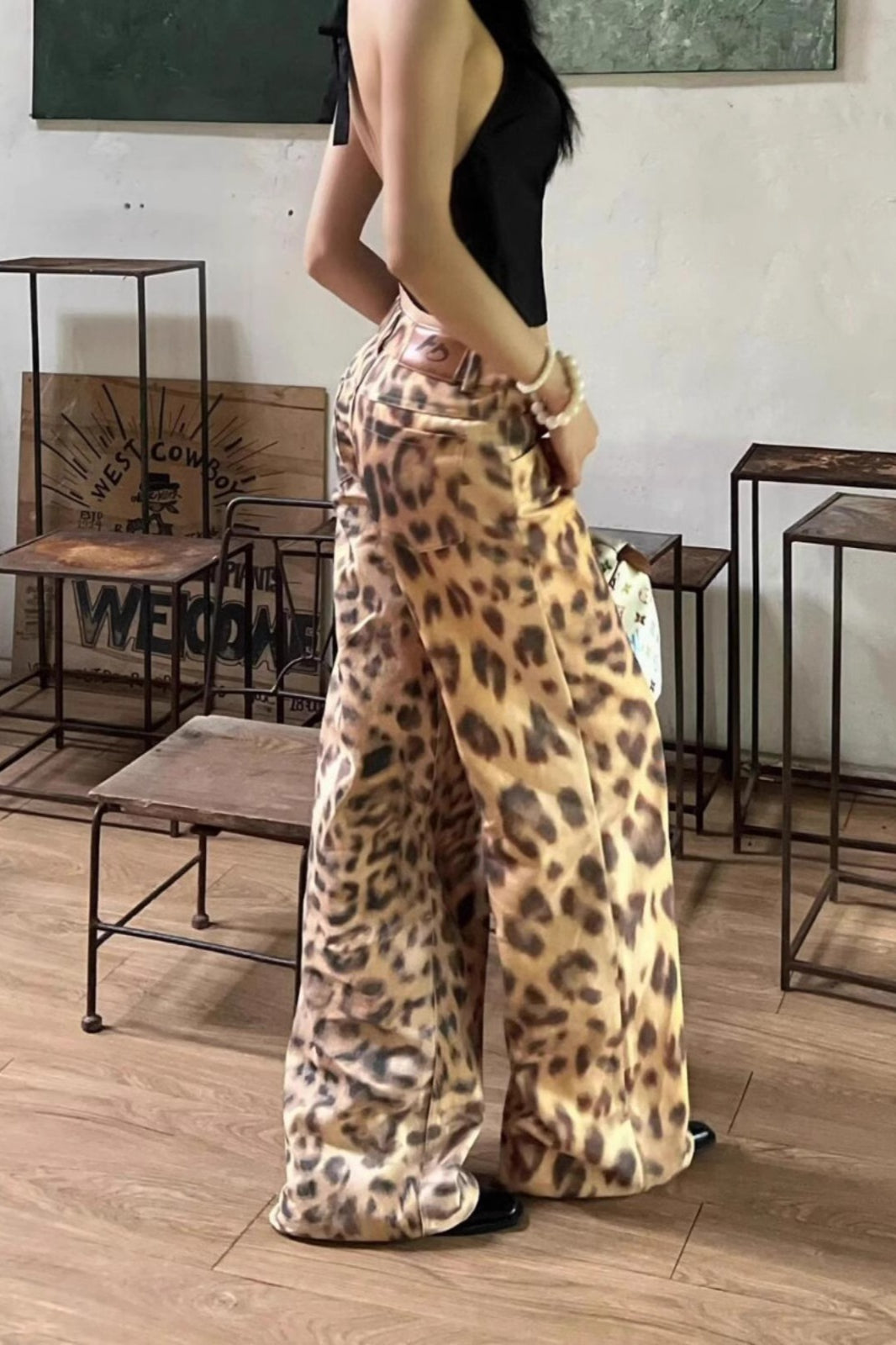 Leopard Print Low Rise Wide Leg Jeans