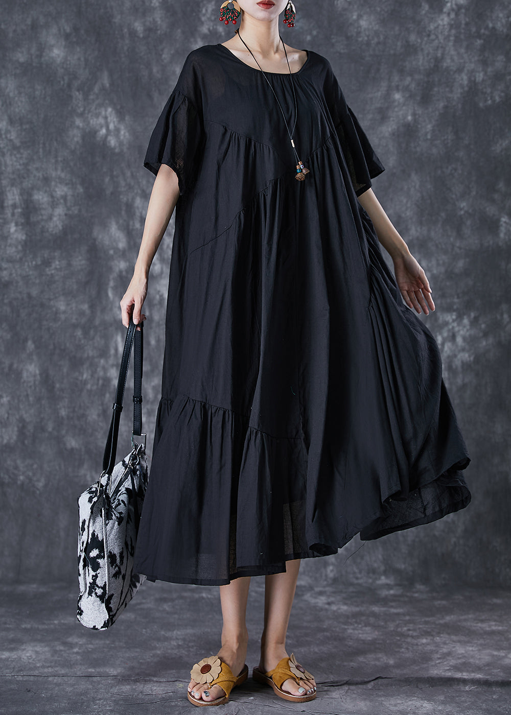 Oversized Asymmetrical Tiered Pleated Pocket Midi Smock Dress - View 2