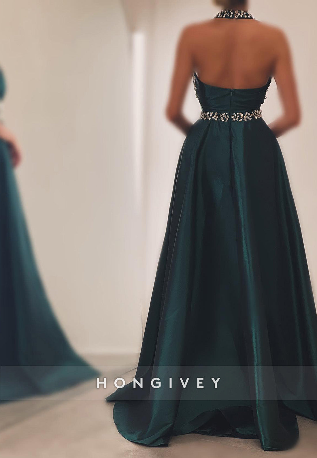 L2964 - Satin High Neck Sleeveless With Train Beaded Party Prom Evening Dress - Fashionpara