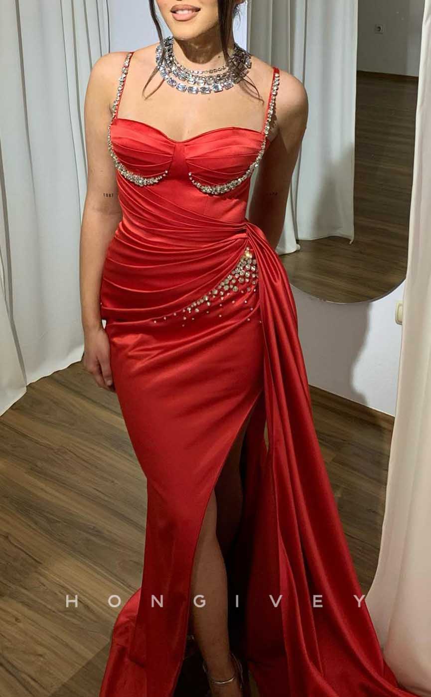 L2842 - Sweetheart Spaghetti Straps Beaded With Side Slit Train Party Prom Evening Dress - Fashionpara