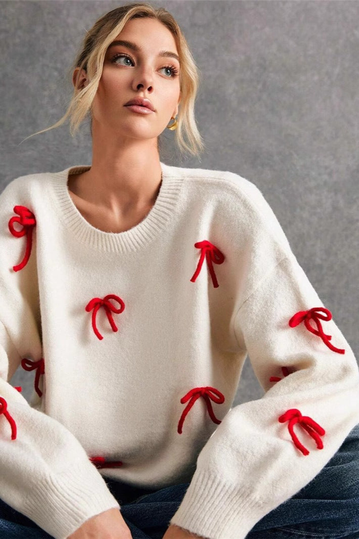 Loose Fit Red Bow Pullover Sweater