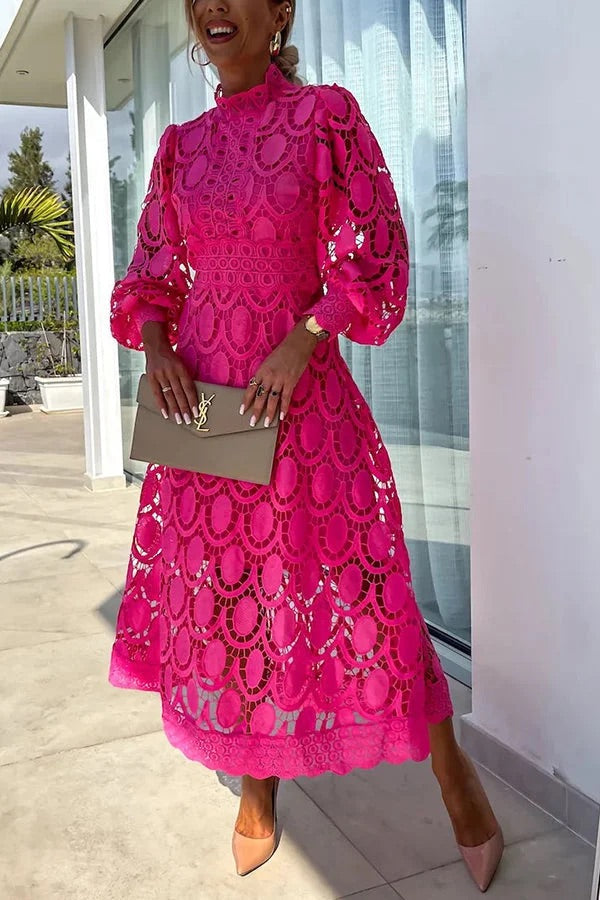Francisca Crochet Lace Lantern Sleeve Midi Dress - View 4