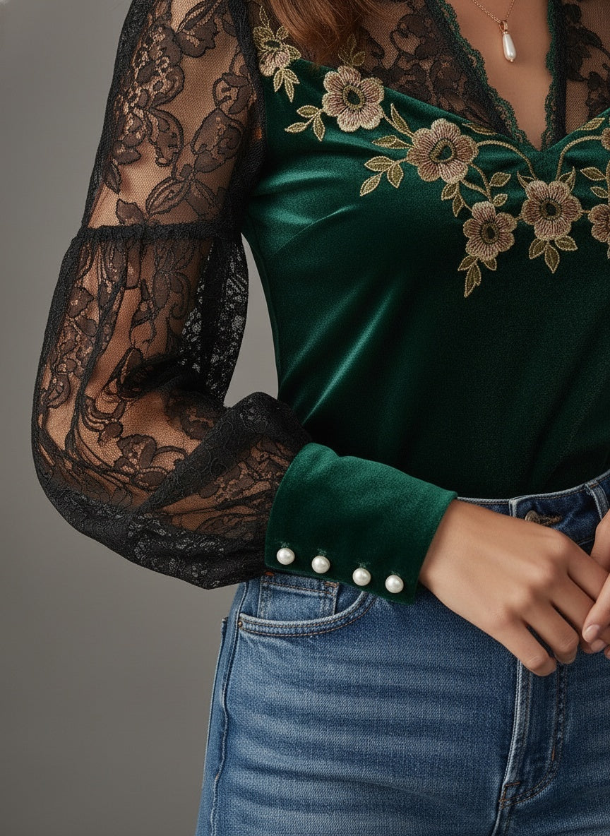 Embroidered Emerald Velvet & Lace Blouse - Fashionpara