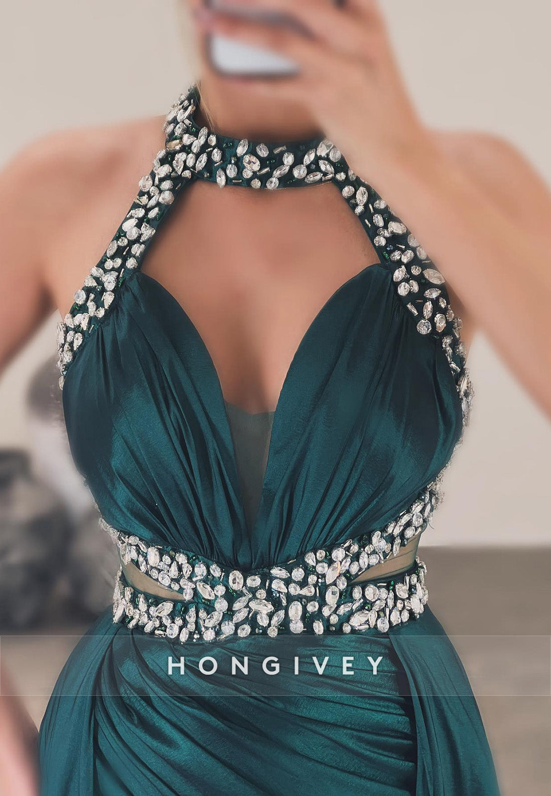 L2964 - Satin High Neck Sleeveless With Train Beaded Party Prom Evening Dress - Fashionpara