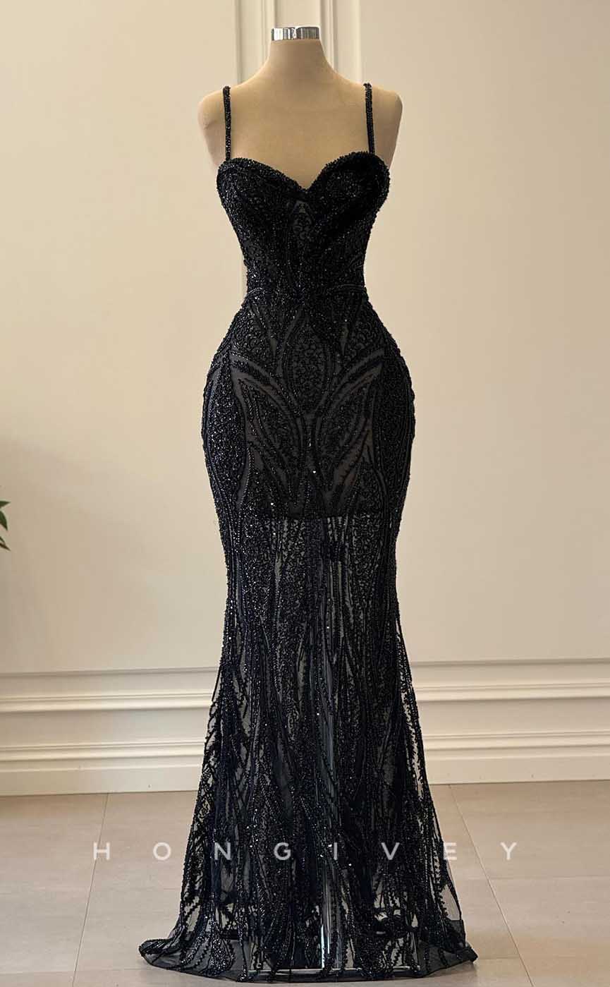 L2854 - Sweetheart Spaghetti Straps Beaded Sheer Party Prom Evening Dress - Fashionpara