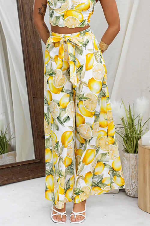 Tie Waist Wide Leg Lemon Print Pants - Fashionpara