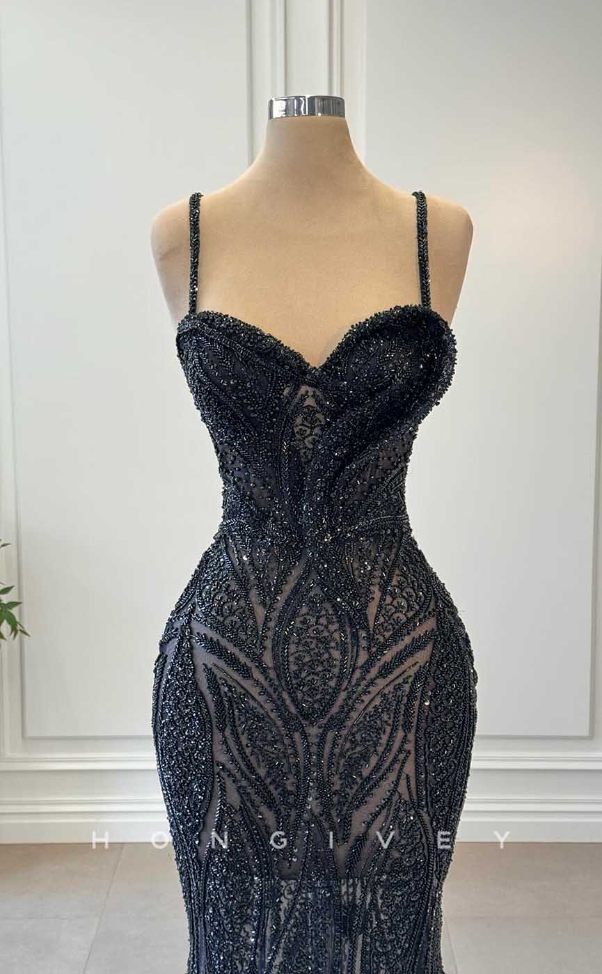 L2854 - Sweetheart Spaghetti Straps Beaded Sheer Party Prom Evening Dress - Fashionpara