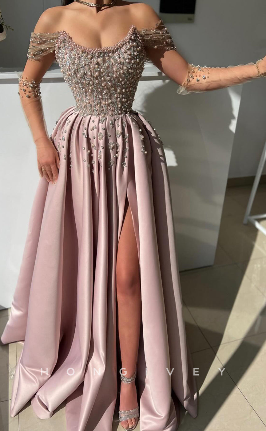 L2774 - A-Line Off-Shoulder Beaded With Side Slit Party Prom Evening Dress - Fashionpara