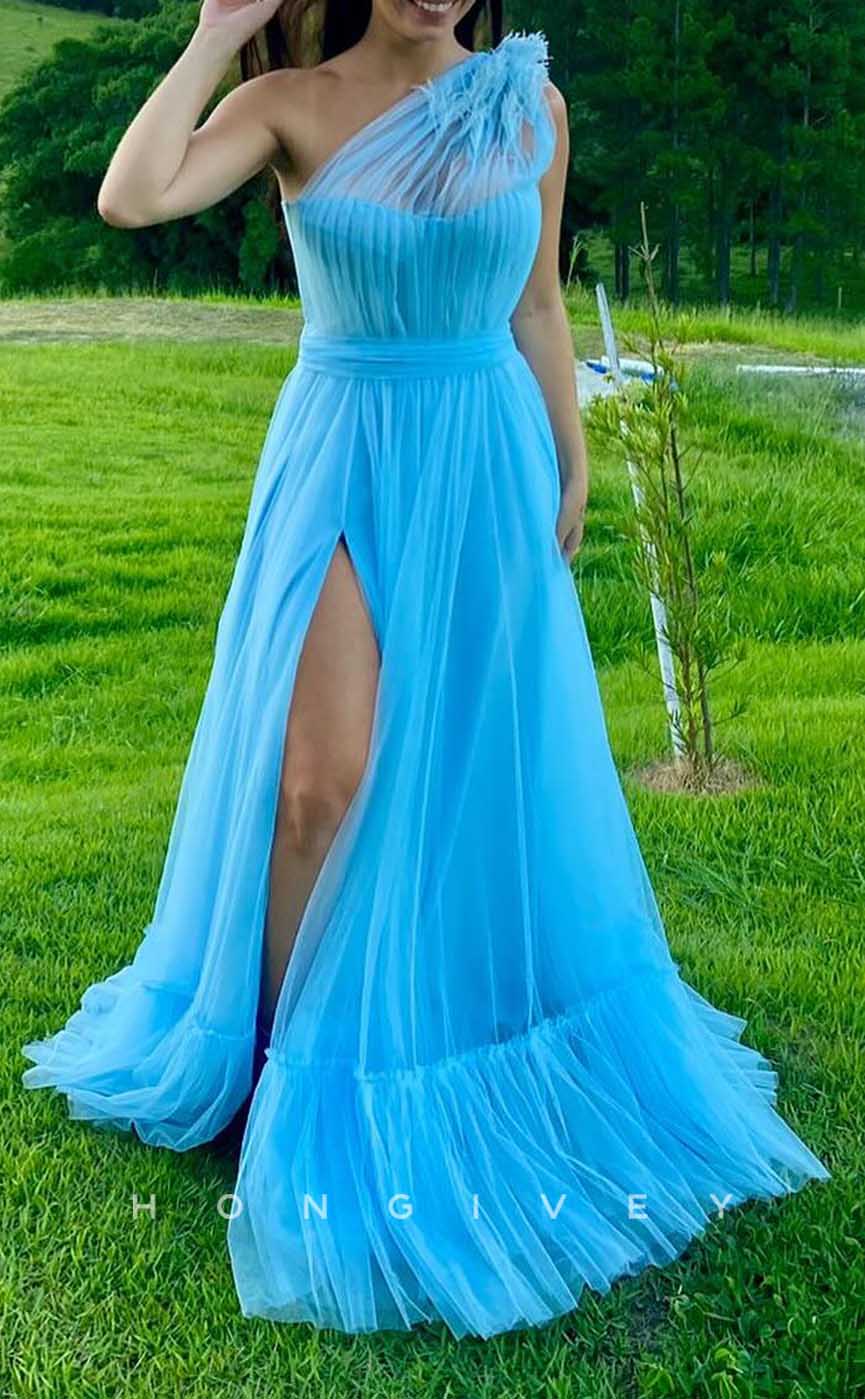 L2868 - Tulle A-Line One Shoulder Sleeveless With Side Slit Party Prom Evening Dress - Fashionpara